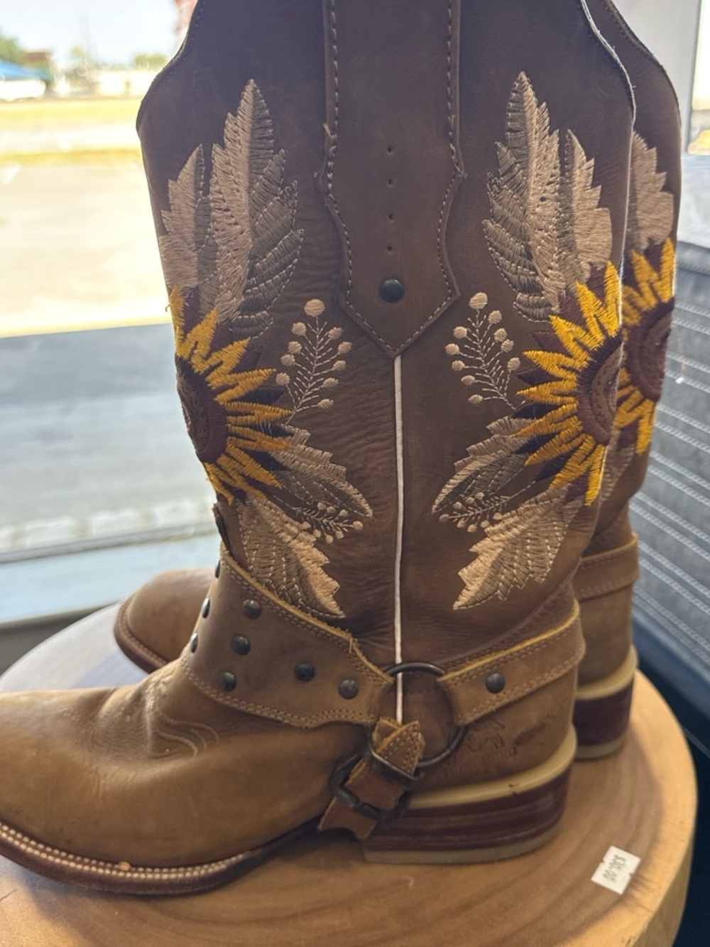 Brown Leather Sunflower Embroidered Women’s Harness Boots